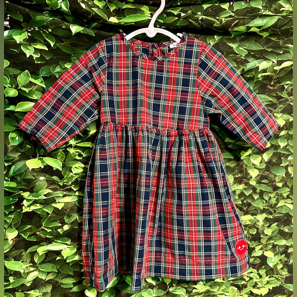 Smiling Button Dress Red Blue Plaid Pockets Cotton Girls Toddler 2T